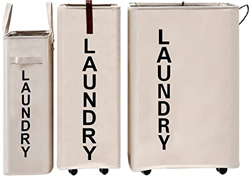 92L Large Laundry Hamper With Leather Handle,Standable Laundry Basket With Wheels ,Large Hamper,Rolling Laundry Basket White #TOP7