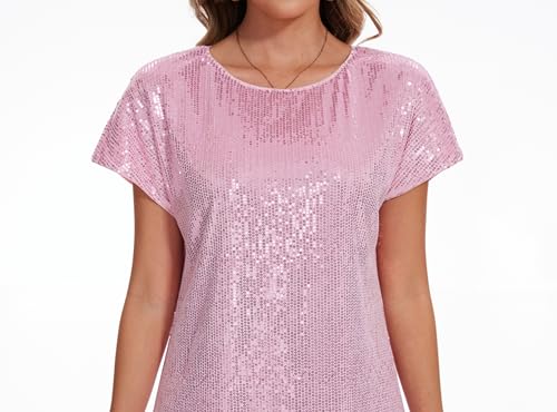 Image of Women's Crewneck Sequin Shift Dress Short Sleeve Casual Holiday Sparkly Party Dress
