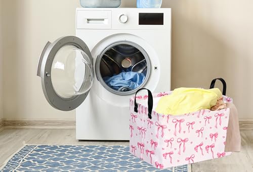 Image of Pink Bowknot Girls Gifts Storage Box Clothes Hamper Basket Collapsible Organizer Bin Toys Shelf Baskets for Home Bedroom Decor