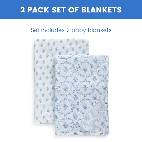 Image of Delta Children 100% Cotton Muslin Baby Receiving Blankets for Girls and Boys - 47x47 Inches (Pack of 2), Blue Botanicals