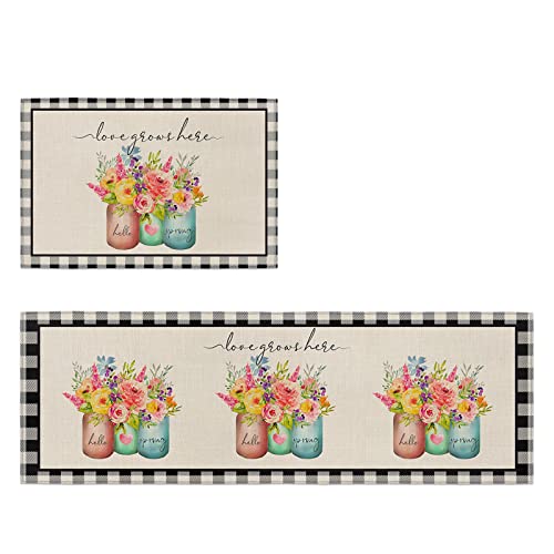Kitchen Mat Rug Set Soft Cushioned Comfort Runner Rug Carpet Hello Spring Romantic Tulip Petals Fresh Plant Vase Art Black Plaid 2 Piece Non-Slip Indoor Standing Desk Mat Area Carpet Floor Mats #TOP1
