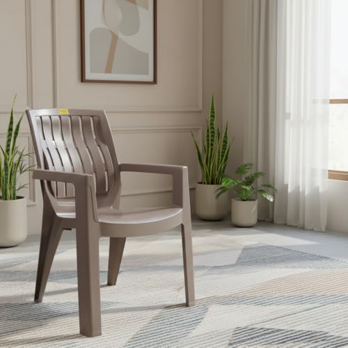 Image of Patiofy Single Plastic Chair for Home & Outdoor Use | Heavy Duty Comfortable Chair with Strong Legs | Stackable, Easy to Clean | Suitable for Living Room, Balcony (Pack of 1-Spino | Choco Cream)