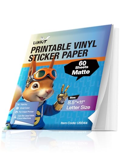 Uinkit Matte Sticker Paper 60 Sheets - Bulk Printable Vinyl Sticker Paper for Small Business, Waterproof Labels & Decals, Inkjet Laser Compatible (8.5x11)