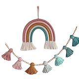 Rainbow Woven Hanging Decoration Featuring Wood Beads and Tasseled for Home 2Pieces Home