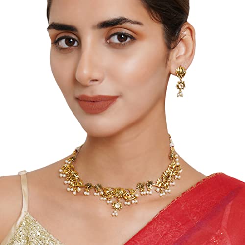 Image of VOYLLA Apsara Lotus Motif Filigree Gold Plated Brass Jewellery Set For Women, Jewellery Set For Women, Womens Gift, Gift For Her