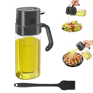Philorn Olie Spray Fles, 2 in 1 Olie Spray en Olie Dispenser, 550ml/18oz Olijfolie Spuitfles met Gieten, Glazen Olie Spray Fles voor Keuken Koken, Air Fryer, BBQ, Salade, Bakken (zwart)