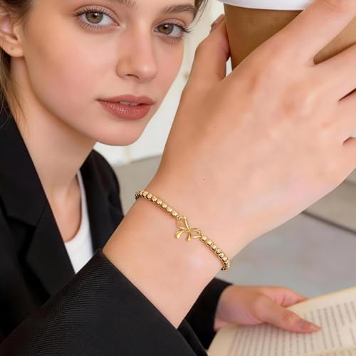 Beaded Bow Bracelet for Women - 3mm Cute Dainty Stretch Charm Bracelet with Ball Beads, Hypoallergenic Stainless Steel, Trendy Handmade Jewelry Gift (Gold) — view 3