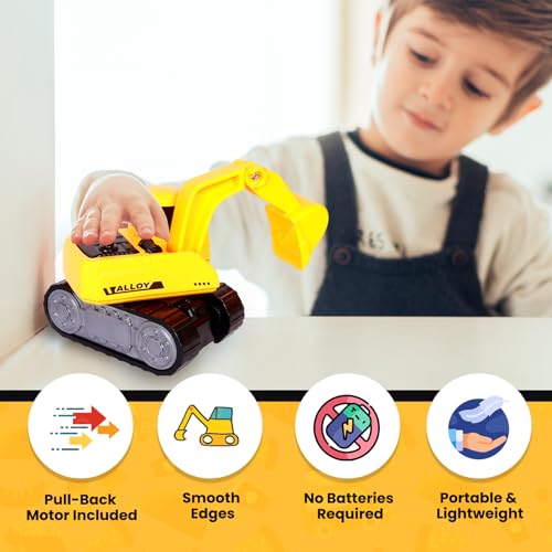 Image of PUREjoy Plastic Realistic Construction Vehicles, 6-Piece Mini Set with Pull-Back Action, Friction-Powered Trucks, Chunky Kid-Friendly Design, Yellow, Small