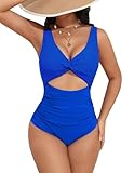 AI'MAGE Women's One Piece Swimsuit High Waisted Bathing Suit Cutout Monokini V Neck Swimwear, Sky Blue, Small