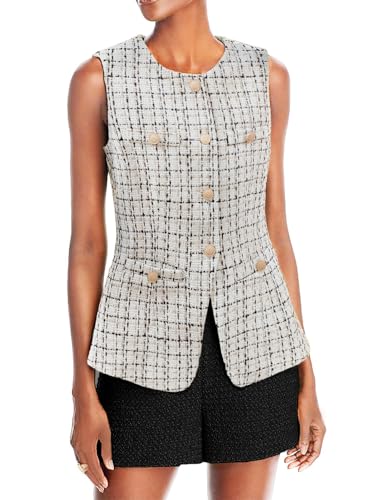 Mina Self Damen 2025 Sommer Tweed Weste Tops Y2K Lang Ärmellos Leicht Mode Voll Gefüttert Elegant Casual mit Taschen, Karomuster, Beige, Large Mina Self Damen 2025 Sommer Tweed Weste Tops Y2K Lang Ärmellos Leicht Mode Voll Gefüttert Elegant Casual mit Taschen, Karomuster, Beige, Large