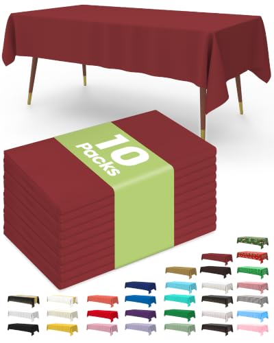 Image of Pureegg Plastic Table Cloth Disposable 10 Pack, 54 x 108 Inch Table Cloths, Party, Thanksgiving Decorations, Harvest, Fall Tablecloths, Rectangle, Maroon Plastic Cover, Leakproof & Sturdy, Burgundy