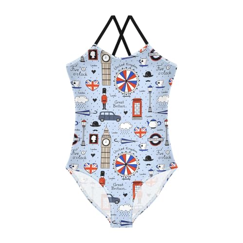 Girls Retro English London Swimsuit One Piece Bathing Suit Kids Swimming Suits Beach Swimwear 3-10T