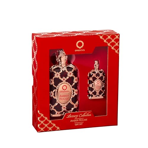 Orientica Luxury Amber Rouge 2 Pc Perfume Gift Set - Notes of Amber Saffron Jasmine & Orange - Woody Floral Arabic Perfumes for Women & Men - Perfumes Arabes de Mujer y Hombres