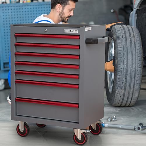 Tool Cabinets 26.7inch Rolling Toolbox with 7 Drawers, Metal Tool Chest with Wheels, Gray Color, Tool Cart for Garage, Warehouse, Repair Shop, Workshop(7 Drawers-Grey)