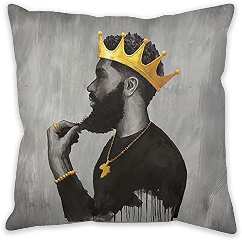 KOYI Plush Pillow Cases Black King Throw Pillow Covers for Man,African American Man Wear Gold Crown Pillowcase,African Black Proud Man Spirit Cushion Cover Cases,Black Gold Grey,18 x 18 Inch