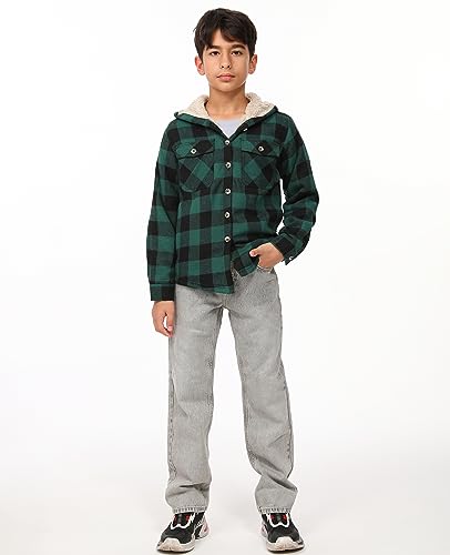 Image of ZENTHACE Boys Sherpa Fleece Lined Flannel Plaid Button Down Shirt Jacket,Hooded Flannel Shirt with Hand Pockets