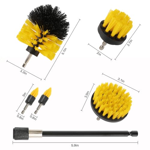 Image of 6Pcs Drill Brush Cleaning Kit with Extendable Rod, Yellow Power Scrubber Attachments for Shower, Tub, Tile, Grout, Kitchen and Car (Yellow-6pcs)