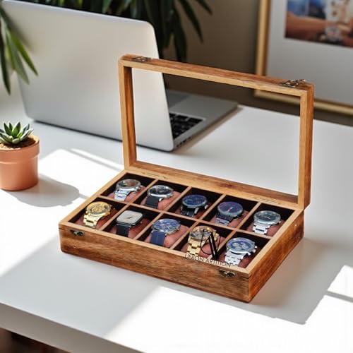 Handmade Vintage Wooden Watch Box for Men, Antique Wood Crafted Watch Display Case, Timepiece Storatge & Organizer, Anniversary Gift for Husband, Jewelry Box for Women, Gift for Him (10 slots