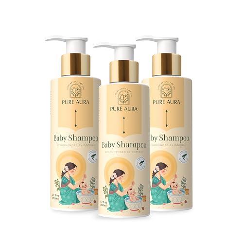 Image of Pure Aura Baby Shampoo (Pack of 3, 200ml Each) | With 10 Ayurvedic Herbs | Paraben & Chemical-Free | Gentle Hair & Scalp Care | Safe for Newborns & Kids | Doctor Recommended | Value Pack for Daily Use