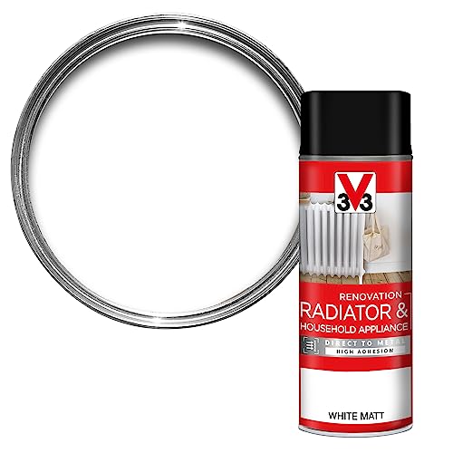 V33 Renovation Radiator & Household Appliance Paint - Direct to Metal & PVC - High Adhesion - Resistance To Temperature Variations - Spray - White Matt 400ml