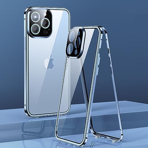 Vidrio de doble cara en un estuche magnético azul ideal para usar tu iPhone 14 sin riesgos diario