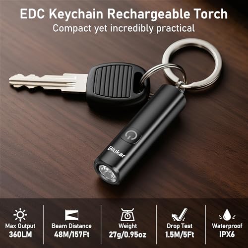 Blukar Taschenlampe LED Aufladbar, 360L Mini EDC Taschenlampen mit 3 Lichtmodi, Klein Flashlight Tragbar mit Schlüsselanhänger, IPX6 Wasserdichte Handlampe für Wandern, Outdoor, Camping usw. -2 Stück