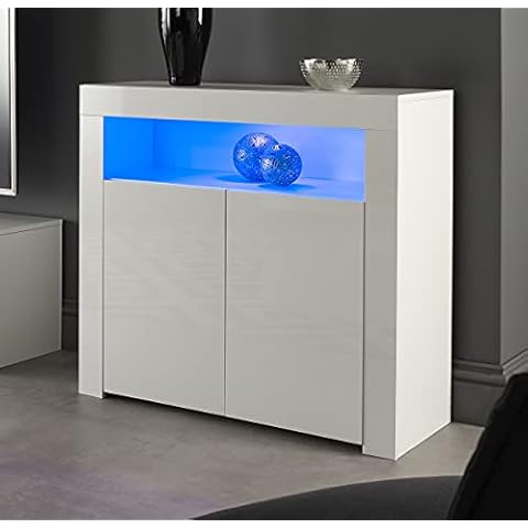 MMT Furniture Designs Ltd Modern White Matt Gloss Buffet Sideboard Display Cabinet with LED Lights, Storage Cabinet Cover