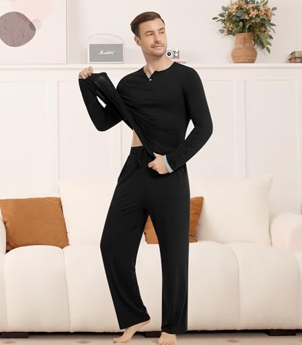 NACHILA Men's Pajamas-Viscose Made from Bamboo, Long Sleeve Pajama Shirt Soft Pants Sleepwear Comfy Pjs Set with Pockets3