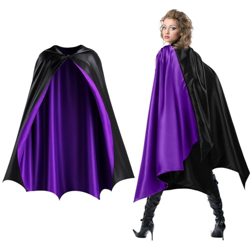 Haysandy Bat Cape Costume Unisex Reversible Satin Capes for Women for Halloween Hero Party Vampires Cosplay Costume(Black Purple 150cm)