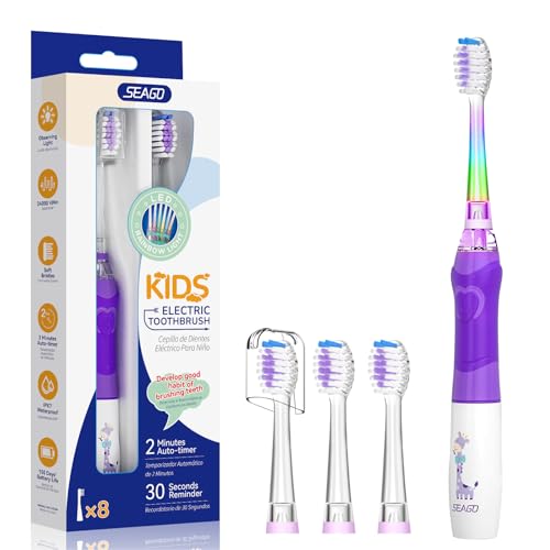 Seago - Cepillo de dientes eléctrico para niños a partir de 3-12 años, cepillo de dientes infantil con luz de colores, temporizador inteligente, 4 cabezales de cepillo suaves, impermeable, cepillo de
