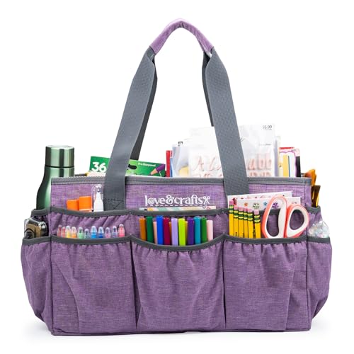 Image of Large Craft Organizer Tote Bag - Art Bag 16 x 7.9 x 9.5 with Elastic Side Pockets to Keep Markers Tidy - Durable Craft Bag Organizer Tote - Caddy Organizer with Handle and Removable Divider (Purple)