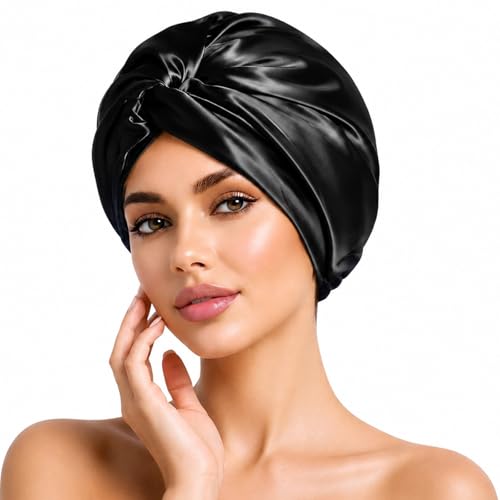 AquaAria Noir Bonnet de Nuit Soie Mûrier Pour Femme, Bonnet de nuit 22 Momme 100%, plissé Classique, Doux et Respirant, Avec Bande élastique pour Femmes Protection Cheveux Longs Cheveux Bouclés