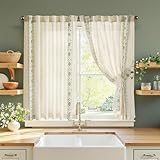 jinchan Small Window Curtains 45 Inch Length Linen Cafe Curtains for Kitchen Bathroom Bordered Floral Embroidered Short Drapes Rustic Farmhouse Light Filtering Curtain Set 2 Panels Green on Beige