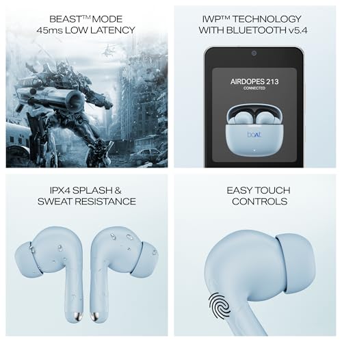 Image of Boat Airdopes 213, 50H Battery, ENx Tech, Beast Mode, ASAP Charge, Bluetooth Earbuds, TWS Ear Buds Wireless Earphones with mic (Berry Blue)