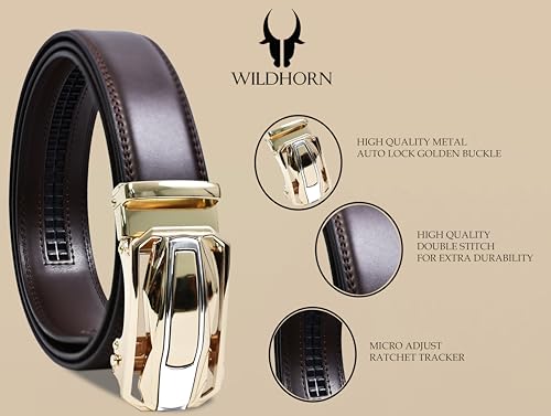 Image of WildHorn Men's Leather Belt Gift Set | Genuine Leather belt Strap with 2 Interchangeable Buckles | Formal & Casual Wear Adjustable Belt | Automatic lock leather belt for men