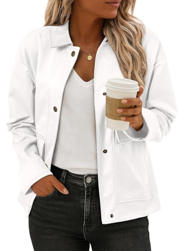 EVALESS Casual Jacket for Women Lightweight Womens Fall Outfits Light Cropped Jackets Short Winter Outwear for Womens Trendy 2025 Long Sleeve Shackets Button Down Tops Work Clothes, White Large