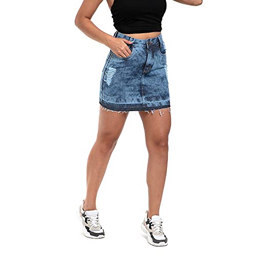 Saia Jeans e Sarja Curta Cintura Alta Desfiada Cor:Azul-sky;Tamanho:46