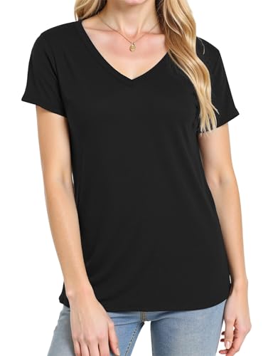 YOGINGO V Neck T Shirts for Women - Summer Fashion Trendy Outfits Clothes - Lightweight Soft Casual Women T Shirt Black