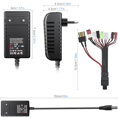 RC Ladegerät für NIMH/NICD-Batterien - 2-10s Akku Ladegerät für RC Car/Boot/Flugzeug/Drohne/Airsoft/Modell - Mit 9 Universaladaptern, 500-1000 mA Ladeströmung – Bild 5