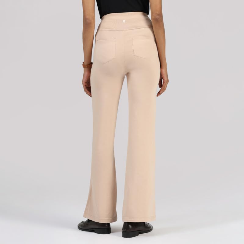 Image of Blissclub AM:PM Cotton Flare Pants for Women Upto 5'4 ft | Wide Waistband, 4 Pockets | Bell Bottom Pants and high Waist Trousers for Office wear