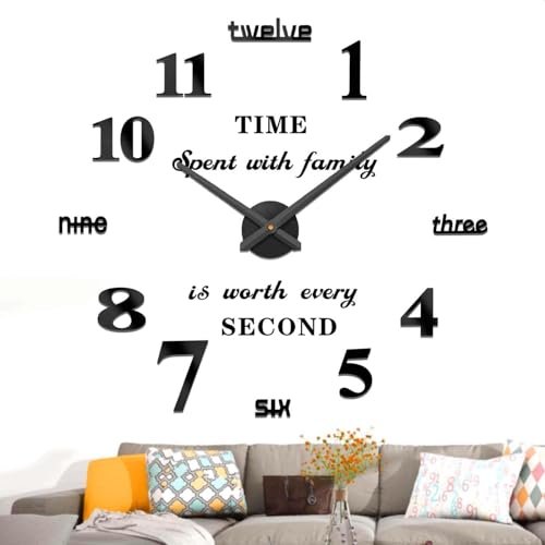 VANGOLD Reloj silencioso 3D Adhesivo Efecto Cristal para Pared, sin Marco, tamaño Grande, para Decorar la Oficina o casa, Negro-2 años de garantía