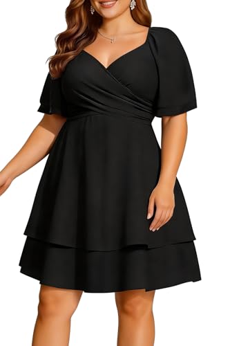 Pinup Fashion Women Plus Size Dresses for Wedding Guest Black Graduation Summer Wrap V Neck Casual Knee Length Ruffle A Line Dress