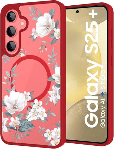 Image of VONZEE Compatible with Samsung Galaxy S25 Plus 5G Case Luxury Retro Flowers Floral Clear for Magnetic Wireless Charging Clear Case Shockproof PC+TPU Cute Glossy Shiny Cover for Girls Women, Red