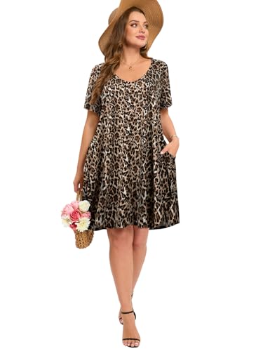 Image of ZENNILO Women's Plus Size Swing Dress with Pockets V Neck Short Sleeve