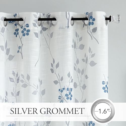 Image of Beauoop Floral Linen Semi Sheer Curtains Living Room Blue Grey 50x54 2 Set