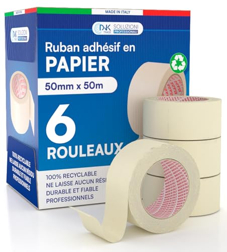 6x Ruban de Masquage 50mm x 50m - Pour Peinture et Masquage - Adhésif Sans Laisser de Résidus - Ruban Papier