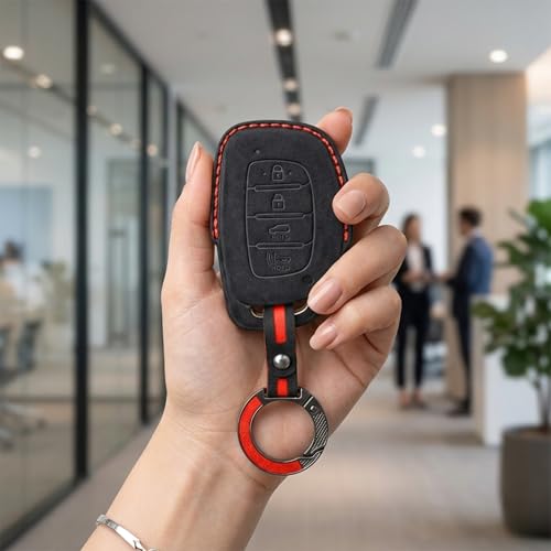 Image of KMH Alcantara Car Key Cover Compatible with Hyundai Alcazar Creta 2022 Venue i20 Tucson Elantra Smart keycover with Keychain 4 Button Shell Case Key Smart Keycover with Keychain (D2) Black - Pack of 1
