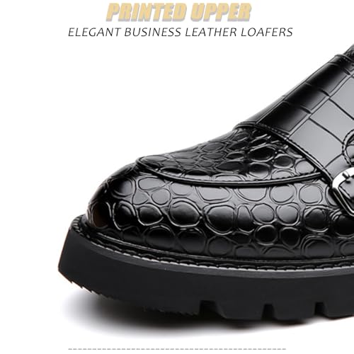 Men's Leather Printed Dress Loafers Retro Round Toe Double Buckle Lug Sole Non-Slip Slip-On Wedding Business Formal Shoes Casual Fashion Work Shoes3