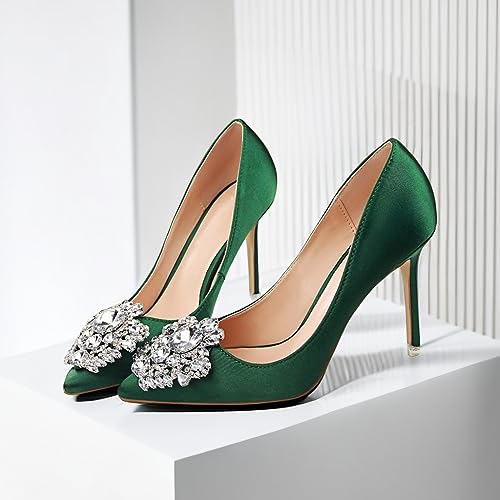 JOEupin Womens Rhinestone Satin Pumps Evening Party High Heel Pumps Wedding Bridal Stilettos Shoes4