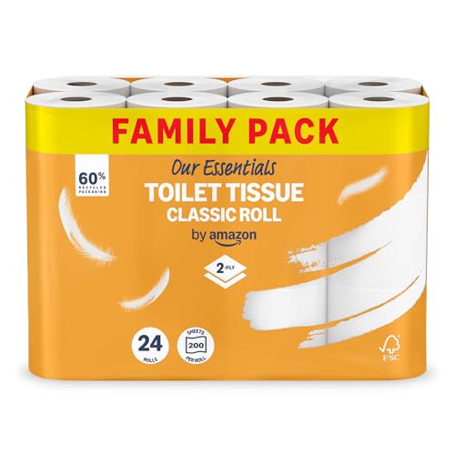Our Essentials by Amazon Toilet Tissue Classic Roll 2-ply 24 Rolls (1 Pack of 24) 200 Sheets per Roll